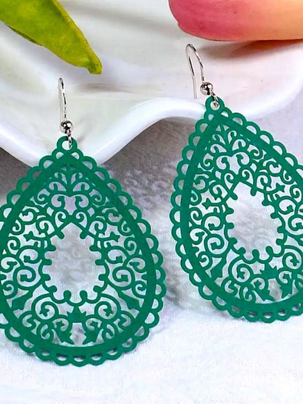 Ophelia Filigree Teardrop Water Drop Dangle Earrings Pine Green Gift Packaged